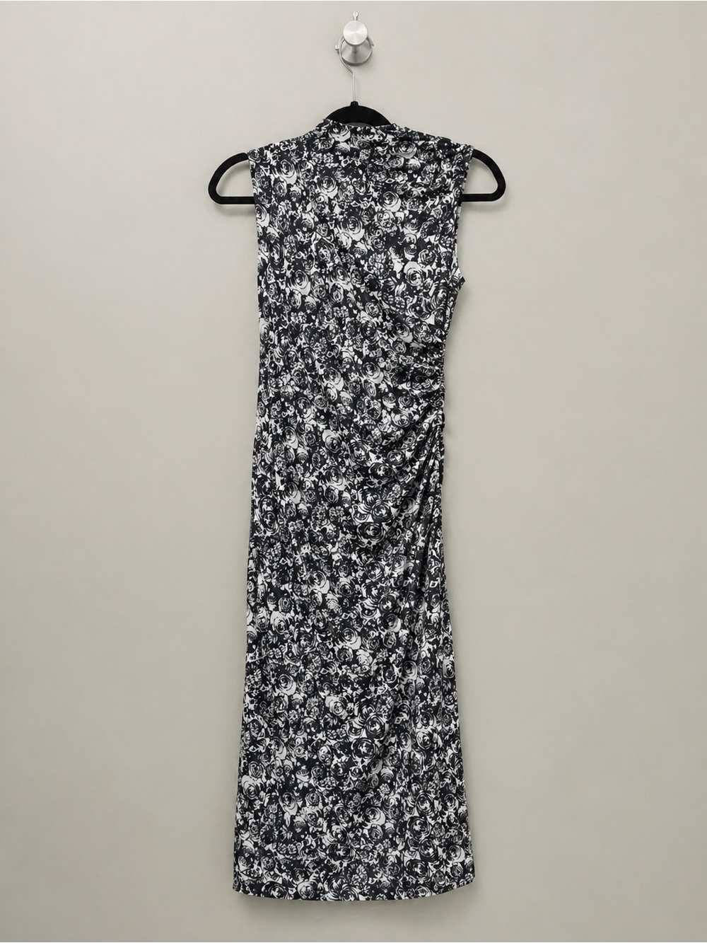 NWT Betsey Johnson Floral Midi Dress Black White Ruched XS Sleeveless